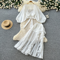 Ensemble jupe deux pièces pour femme, printemps-automne, avec dentelle, col en V, taille nouée, manches bouffantes et volants asymétriques, idéal pour le bureau