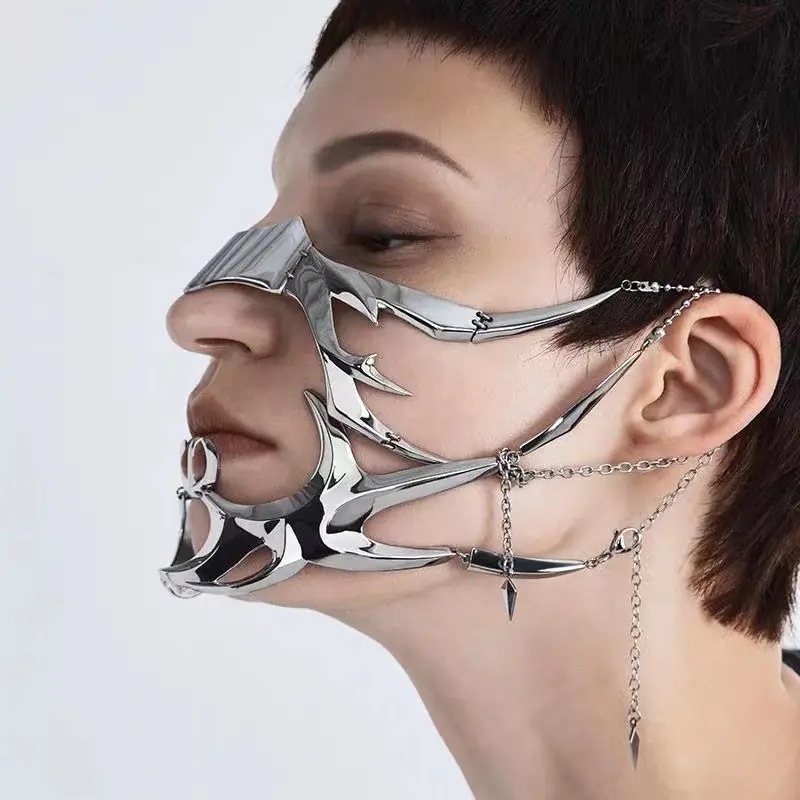 פאנק היפ הופ מכאני כוח עיצוב בצורת מסכת נוזל שפתיים טבעת עגילי סט מתכוונן לגברים ונשים