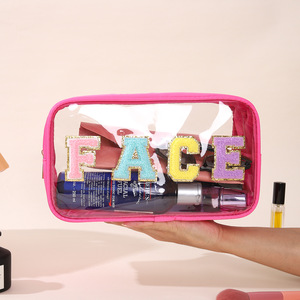 2025 Offre Spéciale LOGO personnalisé étanche PVC Transparent maquillage sacs à cosmétiques avec des patchs de broderie colorés Logo pour les femmes - Product Image 5