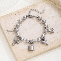 Bracelet multi-breloques en acier inoxydable, chaîne à billes de 8 mm, pendentifs croix, cœur, lune, vente en gros