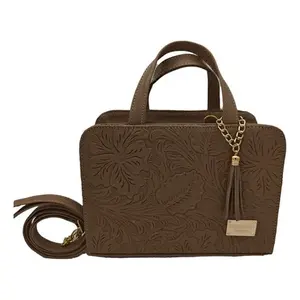 Bolso de Mano Fana Patricia de Cuero Vacuno con Diseño Floral, Asa Doble y Correa para Hombro, Estilo Clásico para Uso Diario - Product Image 1