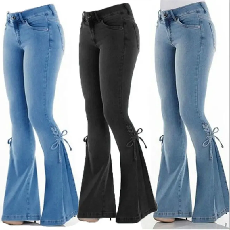 Dames Europese En Amerikaanse Dames Jeans Taille Kant Denim Broek Stretch Jeans Dames Wijd Uitlopende Broek