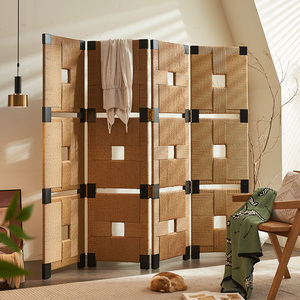 Divisor móvil plegable de madera maciza para sala de estar con partición de pantalla tejida de cuerda - Product Image 1