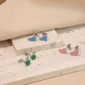 New Trendy Stainless Steel Cartoon Cute Wing Stud Earrings with Diamond Enamel Pink Blue Cloud Design Perfect Jewelry Gift