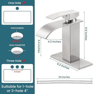 Grifo de baño de cascada-Manija única moderna, se adapta a lavabos de <span class=keywords><strong>1</strong></span> o 3 orificios, con cubierta, drenaje emergente y mangueras de suministro - Product Image 4