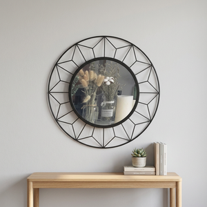 Wholesale Round Wall <b>Mirror</b> with Black Geometric Metal <b>Frame</b> Design for Home Decoration - Product Image 1