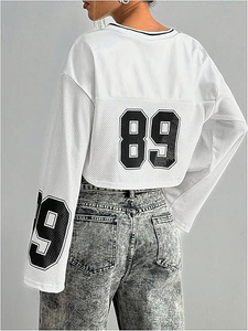 GORGLITTER T-shirt court à manches longues et col en V pour <span class=keywords><strong>femme</strong></span>, motif graphique numéro Y2K années 90, coupe cloche - Product Image 2