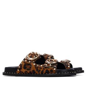 Carmela Donna Leopard Print <b>Flat</b> Sandals 38 Studded Buckle Design - Product Image 4