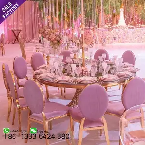 Conjunto de mesa e cadeira de aço inoxidável, pernas douradas redondas, evento de casamento, banquete de vidro temperado