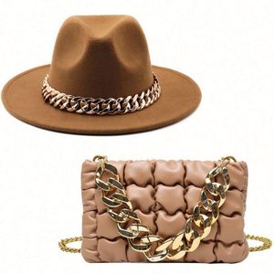Custom Wholesale Vintage British Style Lady Wide Flat Brim Wool Panama Fedora Hat and Purse Fedora Hat With Chains - Product Image 1