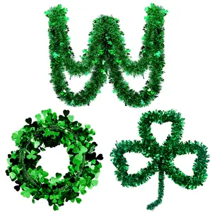Shamrock Tinsel Garlands St. Patrick's Day Decoration Green Clover Wire Wreath for Irish St Patrick Party Home Wall Door Decor