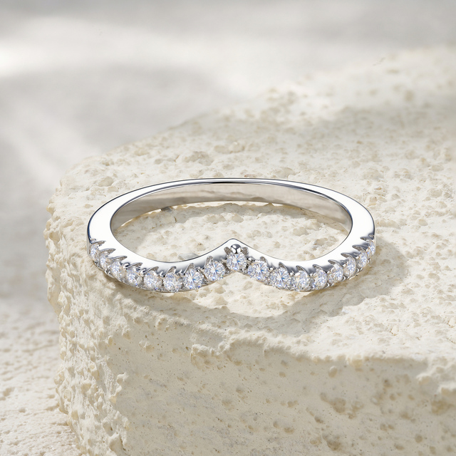 925 Sterling Silver Moissanite Chevron V Shape Ring for Women Pave Setting Stackable Band Moissanite Ring