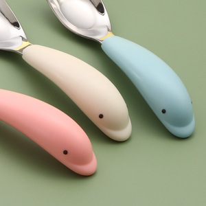 Cuchara y tenedor de acero inoxidable 304, cuchara y tenedor con forma de delfín, cuchara para complemento alimenticio para bebés, cuchara para comer, vajilla para niños, juego portátil - Product Image 4
