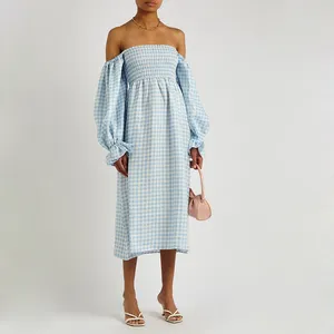 Fashion Light Blue Plaid Long Puff Sleeve Strapless Off Shoulder linen maternity dress