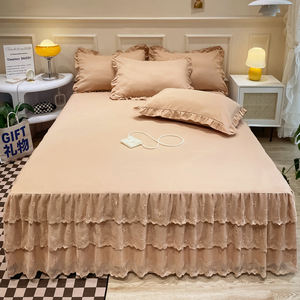 100% poliéster decoración estética H falda <span class=keywords><strong>de</strong></span> cama <span class=keywords><strong>de</strong></span> encaje familiar elástico cuatro estaciones colcha azul - Product Image 6