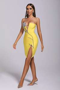BEISHI nueva llegada amarillo sin tirantes vendaje vestido Bodycon venta al por mayor diamante Mini vestidos de vendaje para <span class=keywords><strong>mujeres</strong></span> - Product Image 4