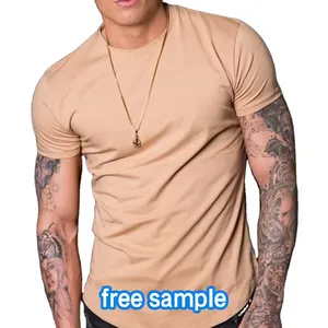 새로운 95% 면 5% 스판덱스 남자의 티셔츠 슬림 핏 긴 밑단 곡선 근육 슬림 핏 피트니스 티셔츠 남성 티셔츠