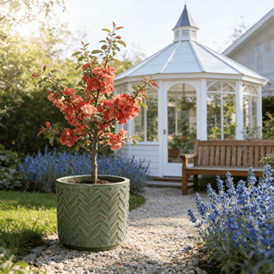 Pot de fleurs en céramique émaillée gaufrée vert clair vintage américain, texture en chevrons, trou de drainage, écologique - Product Image 4