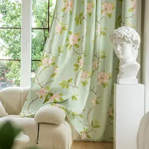 热销红花绿叶图案印花窗帘面料，客厅窗户装饰遮光窗帘面料