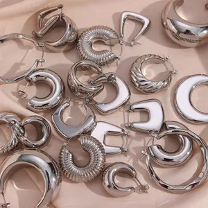 Tarnish Free Shining Stainless Steel Silver Geometric Chunky Hoop Earrings Set Fashion Jewelry Earrings