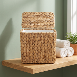 Panier de rangement en jacinthe d'eau naturelle tissé à la main avec couvercle, forme rectangulaire, design rustique écologique pour le rangement des articles divers - Product Image 3