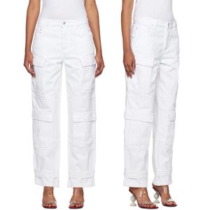Custom Women 100% Cotton White Cargo Jeans <b>Trousers</b> With Bellows Pockets Straight Leg Jean Pants - Product Image 1