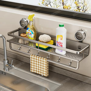 Étagère à épices murale en acier inoxydable à deux niveaux avec crochets et ventouses pour le rangement - Product Image 4