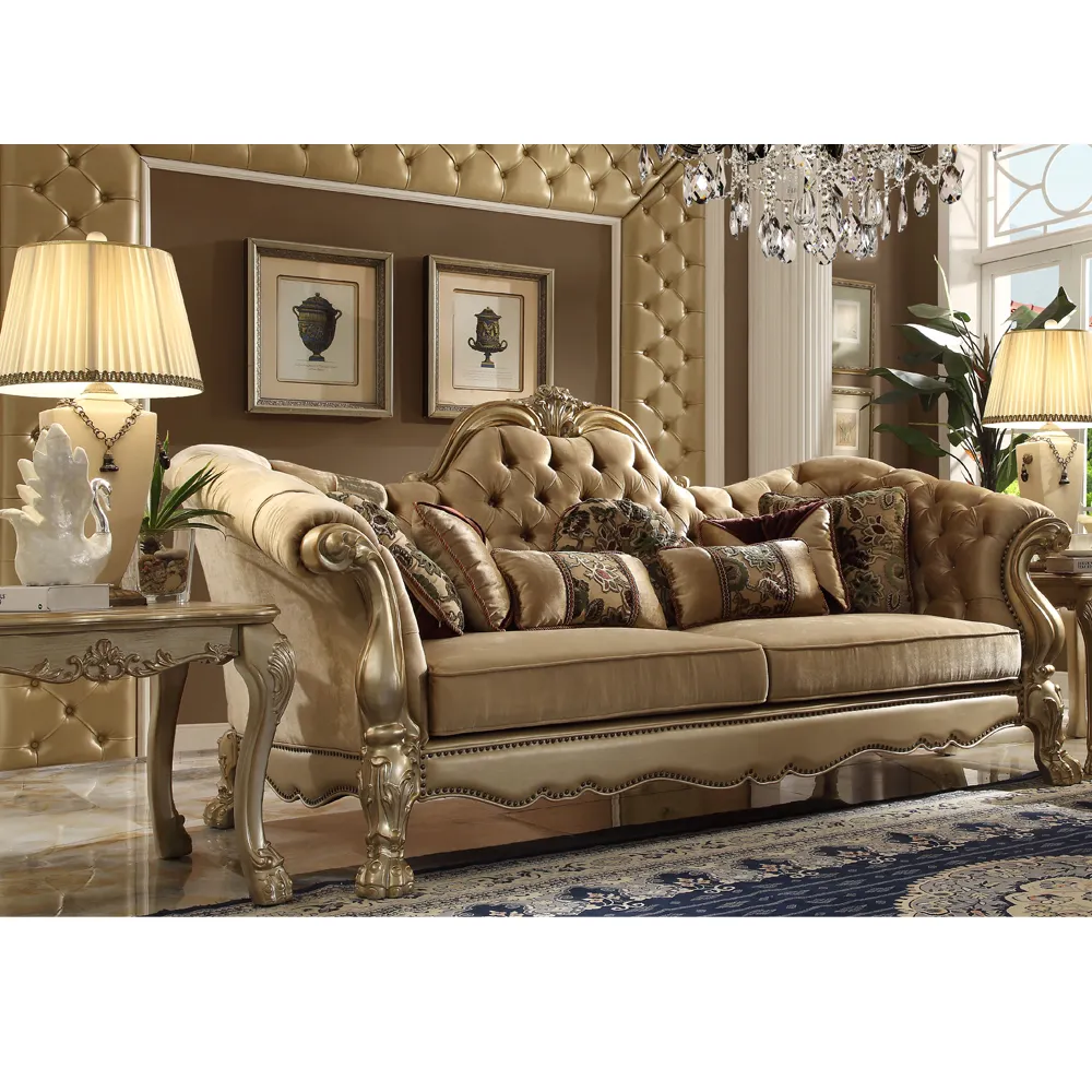 Victorien luxe Style italien salon ensemble de meubles cadre en bois massif classique avec feuille d'or tissu canapé ensemble correspondant