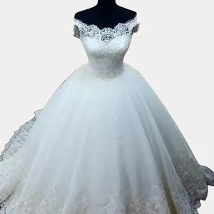 W037# Wholesale Off Shoulder Wedding Dress For Plus Size Women Sleeveless Classic Real Photo Lace Applique Lace-Up Bridal Gown