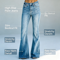 Jean évasé à pattes d'éléphant pour femme, taille haute, coupe large, en denim, style rétro pour tenue de bar en terrasse