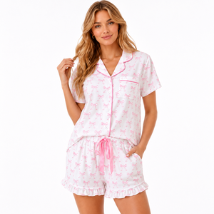 <span class=keywords><strong>Pigiama</strong></span> di Lusso in <span class=keywords><strong>Raso</strong></span> con Stampa a Fiocco per Donne, Maniche Corte, Set Due Pezzi in Seta Liscia Rosa e <span class=keywords><strong>Bianco</strong></span>, Abbigliamento da Notte - Product Image 2