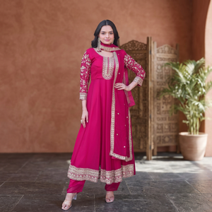 TENNECY Women's Fancy Design Anarkali Gown-Pant Dupatta Set Faux Blooming Embroidery Zari <b>Sequins</b>-work Quick Dry Wrinkle Free - Product Image 1