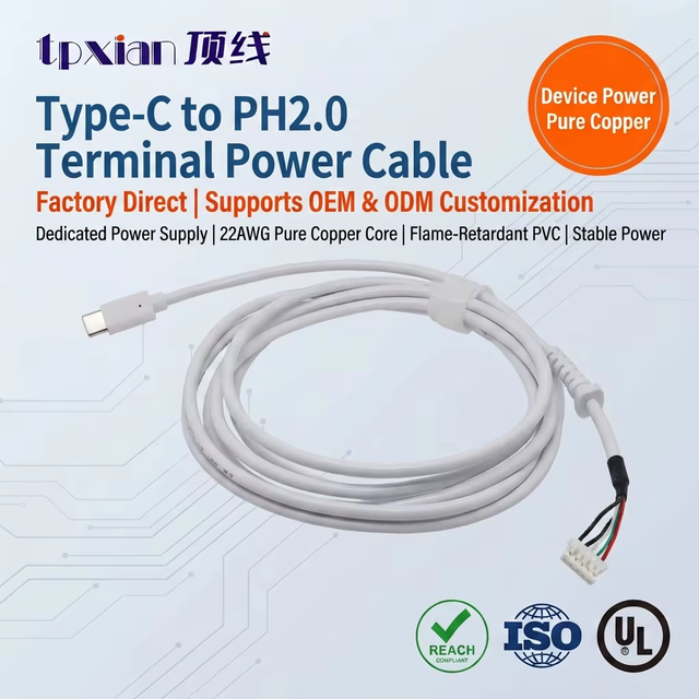 Custom USB Type C Male to 4Pin JST PH 2.0 Terminal Cable White PVC Wire Harness Factory OEM
