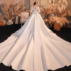 Elegant Heavy Satin Wedding Dress Square Collar Long Sleeve Ball Gown Natural Waistline For Brides - Product Image 5