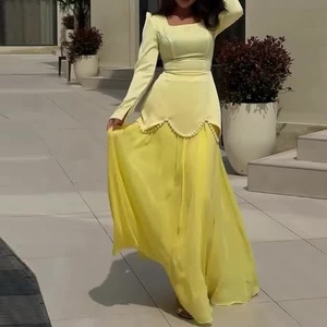 เดรสยาวแฟชั่นผู้หญิงคอเหลี่ยมแขนยาวประดับมุกหรูหราแบบต่อผ้า - Product Image 4