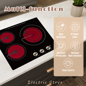 Table de cuisson électrique 24 pouces - 3 brûleurs Table de cuisson électrique en céramique encastrée, table de cuisson en céramique radiante avec 9 niveaux de chauffage 6000W - Product Image 2