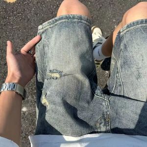 Pantalones cortos de mezclilla cargo para hombre, de corte bootcut, a la moda, de cintura media, holgados, de algodón, rasgados, estilo retro urbano, para verano. - Product Image 3