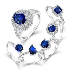 Anéis Dainty Safira Anel De Diamante para As Mulheres Jóias De Noivado De Casamento Azul Sliver Prata Jóias Prata 925 CLASSIC Flower IGI