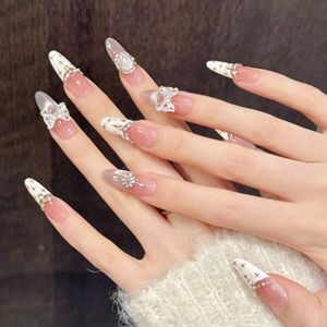 Faux ongles à presser blancs crémeux effet œil de chat, French manucure avec nœud et faits main, formes amande, carrée, ovale, stiletto, 10 pièces, vente en gros - Product Image 4