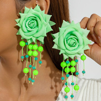 Pendientes de Flores de Rosa Grandes y Coloridos de Tela, Pendientes de Cuentas con Borlas de Flores para Fiestas Dulces