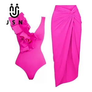 JSN المايوه بانادور ملابس بحر الأزهار غير المتماثلة قطعة واحدة ملابس السباحة مع مطابقة سارونغ