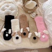 Chaussettes de nuit antidérapantes en polyester brodé, motif animalier, mi-mollet, tissées, épaisses, chaudes, douces et moelleuses pour l'hiver