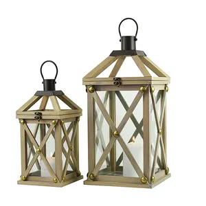 Foryoudecor Simple wooden frame lantern set of 2 natural candle lantern minimalist style for home decor and garden decor