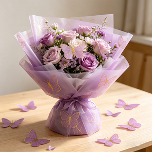 Papier d'emballage floral translucide imprimé papillon coloré durable, papier d'emballage cadeau floral élégant et doux pour les fleuristes - Product Image 3