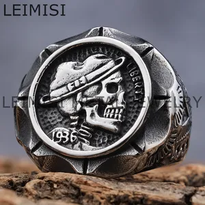 Punk Hobo Nickel Rings Stainless Steel Liberty Skeleton Mens Mexican Style Skull Biker Signet Rings