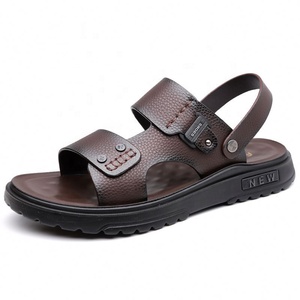 Sandales plates pour hommes en cuir véritable motif léopard, bout ouvert, semelle EVA, style sportif estival, confortables, antidérapantes, à enfiler, chaussures décontractées de plage - Product Image 5