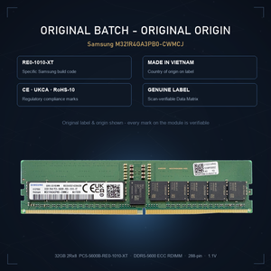 Mémoire serveur 32 Go DDR5-5600 ECC RDIMM 2Rx8, originale, jamais utilisée, compatible avec HPE, Dell, Supermicro et autres - Product Image 1