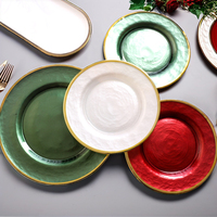 Offre Spéciale Lumière De Luxe Vert Or Verre Multicolore Jante Dorée Vaisselle En Verre Plats Charge Sous L'assiette Décoration De Mariage