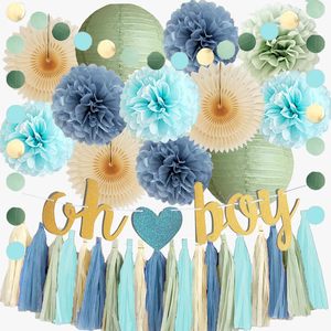 Decoraciones para Baby Shower en Azul Polvoriento y <span class=keywords><strong>Verde</strong></span> Salvia, Banner 'Oh Boy', Pompones de Papel de Seda Beige Claro, Abanicos, Kit de Guirnaldas con Borlas Crema - Product Image 1