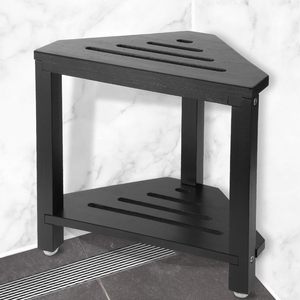 Tabouret de salle de bain triangulaire à double rangement, siège de douche d'angle en bois massif noir 36,8x30,5x33,7cm, imperméable et antidérapant - Product Image 1